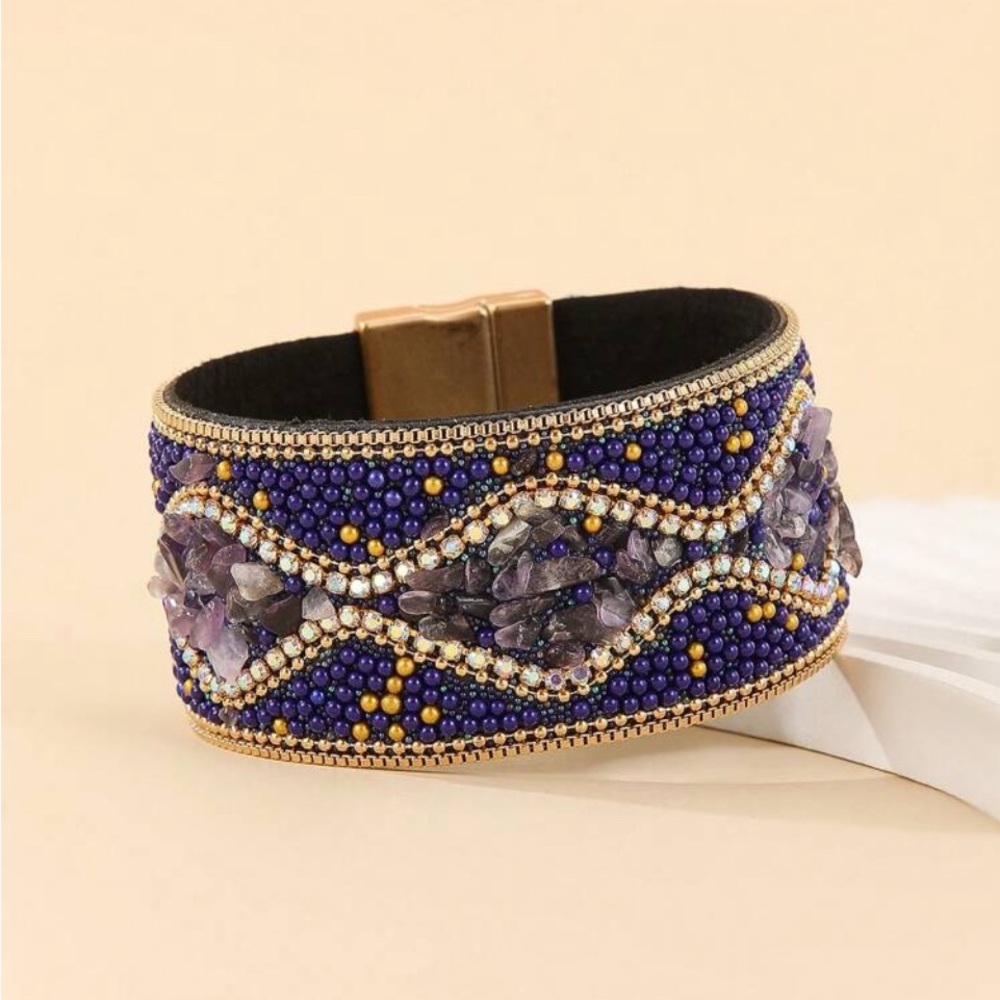 Elegant Beaded Bohemian Leather Magnetic Bracelet with Purple and Gold A…